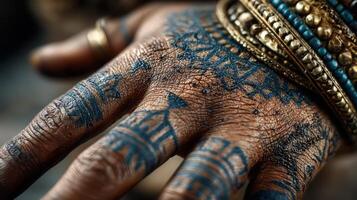 Intricate blue tribal tattoos adorn a hand with decorative bangles in a detailed close-up shot photo