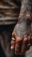 Detailed tattoo designs enhance the artistry of a person's hand with intricate patterns and rings in a close-up view photo