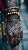 Beautifully detailed hand adorned with intricate henna tattoos and jewelry in a cultural setting during a vibrant festival photo
