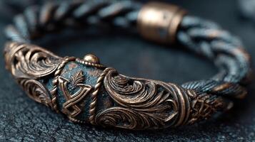 Intricate bronze bracelet with detailed craftsmanship resting on a textured surface photo