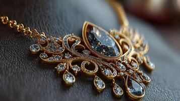 Luxurious gold necklace with intricate design and sparkling gemstones displayed on a dark velvet surface photo