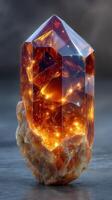 Radiant amber crystal with luminous inclusions captured in detailed close-up photo