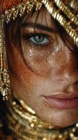 Close-up portrait of a model adorned with intricate jewelry and glitter makeup that beautifully highlights her features photo