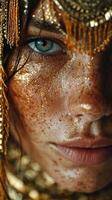 Close-up portrait of a model with golden glitter and intricate accessories shimmering on a textured skin backdrop photo