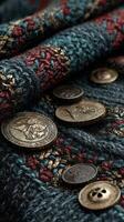 Intricate textile showcasing colorful weaving and vintage buttons in close-up detail photo