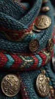 Detailed view of a handcrafted textile featuring vibrant colors and intricate metallic buttons from a traditional market photo