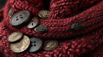 Textured red fabric with an array of detailed antique buttons in close-up view photo