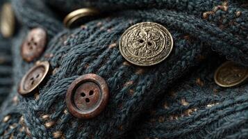Textured knit fabric with vintage buttons shows intricate craftsmanship and unique design elements creating a cozy aesthetic photo