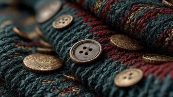 Textiles and ornate buttons showcase craftsmanship and detail in a close-up view of fabric layers and embellishments photo