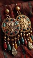 Intricate handcrafted earrings with colorful gemstones showcased on rich textile background photo