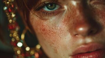 Young woman with striking blue eyes and freckles showcasing vibrant earrings in an artistic close-up portrait photo