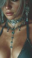 Elegant woman adorned in intricate jewelry showcasing beauty and style in an intimate setting photo