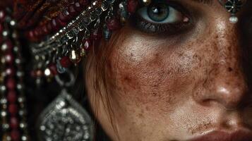 Portrait of a woman featuring intricate jewelry and striking eye color in a detailed close-up shot showcasing cultural aesthetic photo