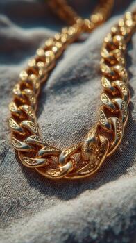 Luxurious gold chain necklace resting on soft fabric, highlighting intricate design and craftsmanship photo