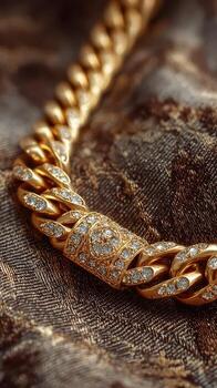 Elegant gold chain with diamonds resting on luxurious fabric in soft lighting photo