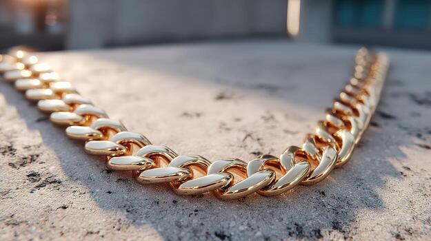 Stylish close-up of a gold chain resting on a concrete surface during sunset, highlighting intricate links and reflections in warm light photo