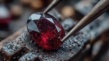 Gemstone crafting process showcasing a ruby being held with precision tools in a workshop setting photo