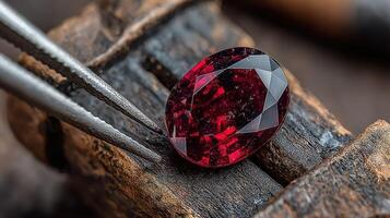 Craftsmanship in gem cutting showcases a striking red gemstone on a wooden workbench with precision tools in focus photo