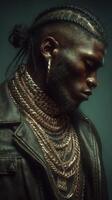 Portrait of a man showcasing intricate braids and layered gold jewelry in a dark setting photo