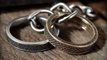 Unique handcrafted rings linked together on a wooden surface showcasing intricate design and texture photo