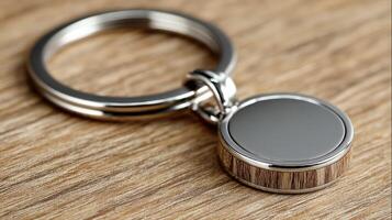 Shiny keychain with circular pendant placed on wooden surface in a well-lit indoor environment photo