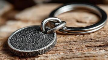 Close-up of a textured metal keychain on a wooden surface showcasing intricate details and design elements photo