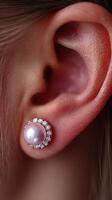 Elegant pearl earrings with sparkling accents showcased in close-up details during a stylish evening event photo