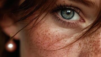 Close-up of a young person with freckles and striking blue eyes during golden hour photo
