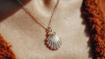 Elegant silver shell pendant resting on a warm-toned neckline under soft natural light photo