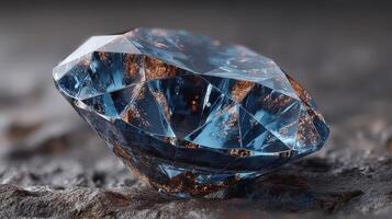 Sparkling blue crystal gleaming against a rugged stone surface photo