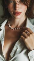 Elegant woman wearing jewelry and a white shirt with a confident expression in a softly lit indoor setting photo