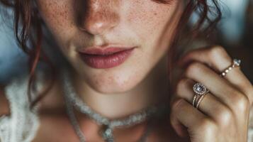 Jewelry display highlighting elegant rings on model's hand with soft natural lighting and delicate features captured in close-up photo