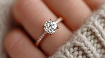 Elegant engagement ring with a round diamond, showcased on a soft, knitted fabric during a cozy indoor setting photo