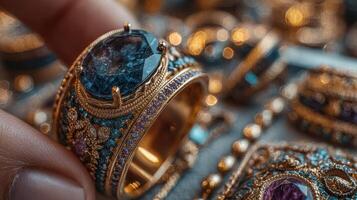 Discovering unique handcrafted jewelry with intricate designs and vibrant gemstones at a local artisan market photo