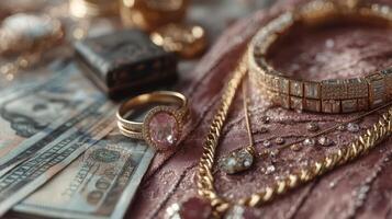 Luxurious collection of jewelry with cash displayed on elegant fabric photo