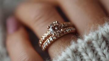 Elegant rose gold engagement ring with diamond details showcased on a cozy sweater in soft lighting photo