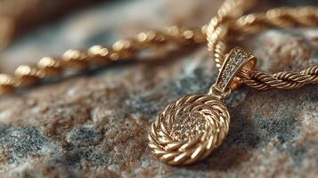 Elegant gold necklace and pendant displayed on textured stone surface in soft lighting for a luxury jewelry showcase photo