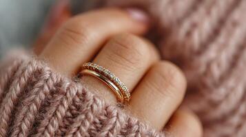 Close-up view of a hand wearing a rose gold ring with diamonds, cozy sweater background highlights intimate jewelry style photo