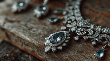 Exquisite silver jewelry with intricate designs and blue gemstones displayed on textured wooden surface photo