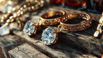 Elegant gold jewelry featuring sparkling gemstones displayed on a rustic wooden surface photo
