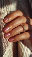 Elegant hand adorned with a sparkling ring against a soft, shimmering background in warm natural light photo