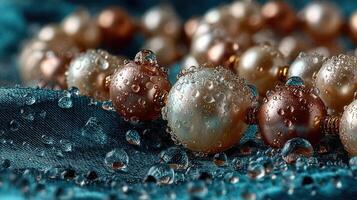 Water droplets enhance the shine of pearls resting on a vibrant fabric background photo