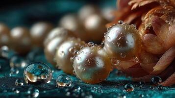 Droplets cling to pearls and flower petals on a teal surface, creating a serene and elegant still life composition photo