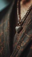 Heart-shaped pendant glimmers on a stylish outfit during an evening event in an urban setting photo