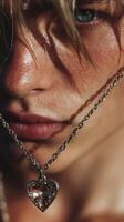 Close-up of a person showcasing a heart-shaped necklace in golden light with distinctive facial features and subtle water droplets photo