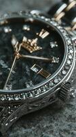 Elegant timepiece with intricate detailing and sparkling gems showcased against a textured surface photo