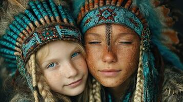 Friends celebrating culture with indigenous-inspired attire and joyful expressions in nature during golden hour photo