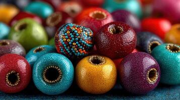 Colorful handmade beads in various shapes and sizes displayed on a textured surface in bright natural light photo