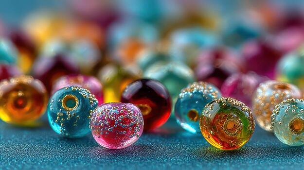 Colorful glass beads scattered on a vibrant surface create a playful visual display of texture and light photo