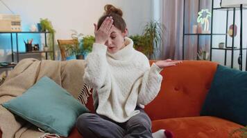 Woman raising hands asking what why reason of failure anti lifehacks ridicules disbelief irritation video